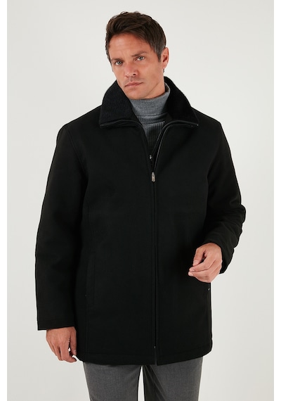 Buratti Slim Fit Çıkarılabilir Tüylü Yaka Detaylı Astarlı Kaşe Erkek Kaban 58400217 Siyah