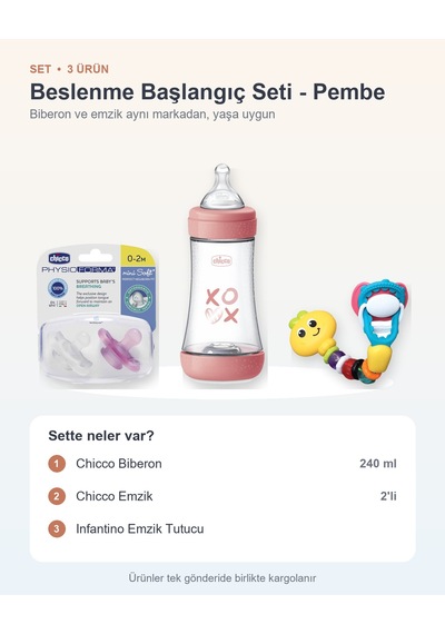 Beslenme Başlangıç Seti 3 Parça: Chicco Biberon + Chicco Emzik + Infantino Emzik Tutucu - Pembe
