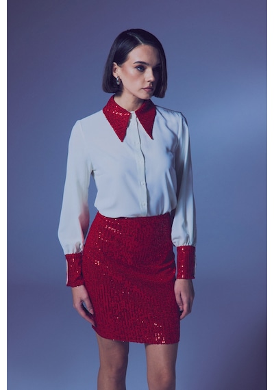 Sateen Payet Detaylı Gömlek - Ekru-kırmızı-135660 Ekru-kırmızı Ekru - Kırmızı
