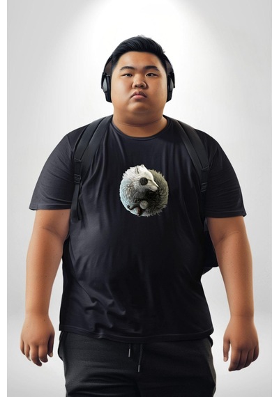 Angemiel Yin İle Yang Beyaz Siyah Kurt Siyah Büyük Beden Erkek Kadın Unisex Basic Ön Baskılı Tişört Siyah