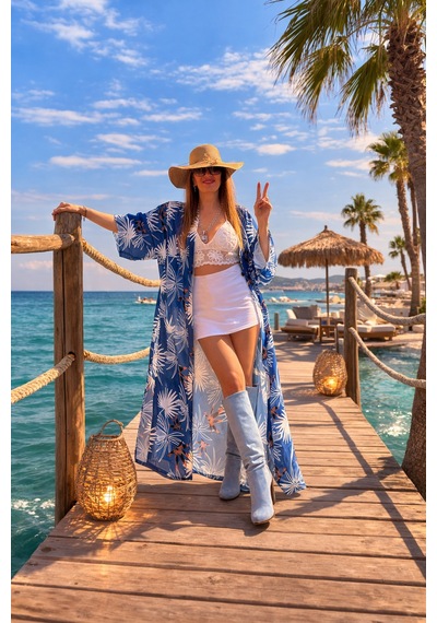 Wellway Viskon Saten Kumaş Kimono - Pareo - Sabahlık - Kuşak Dahildir - Mavi Mavi
