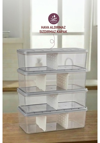 4 Adet 2 Lt. Nora Bölmeli Organizer Buzdolabı Buzluk Düzenleyici Saklama Kabı Açık Gri