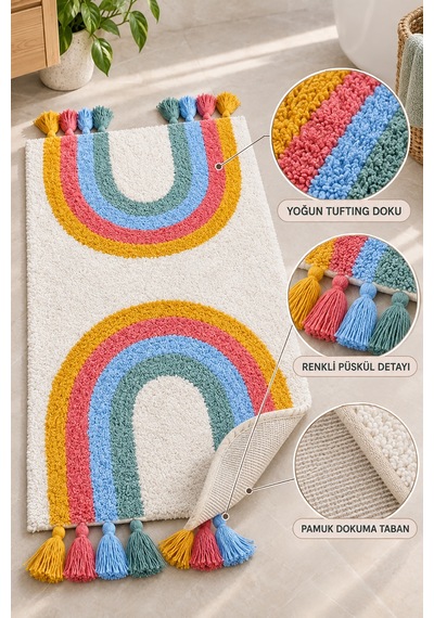 Alanur Bodrum Tufting Gökkuşaği Cotton Pamuklu El Işi Örgülü 2 Li Paspas Set Renkli