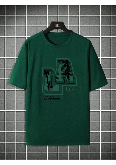 T-shirt - La 1987 Baskılı Oversize Bisiklet Yaka Kısa Kol Tişört Yeşil