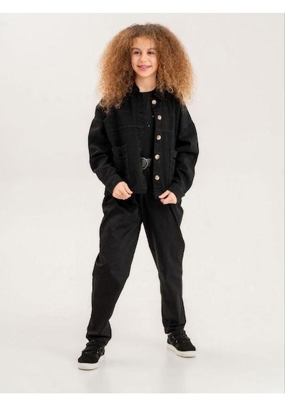 Zekids Kız Çocuk Brode Cep Gabardin Ceket-13903 Siyah