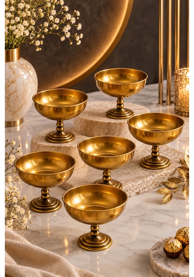 6 Lı Gold Metal Ayaklı Metal Kase Tabak İkramlık Sunum Kasesi Sunumluk 8 9cm