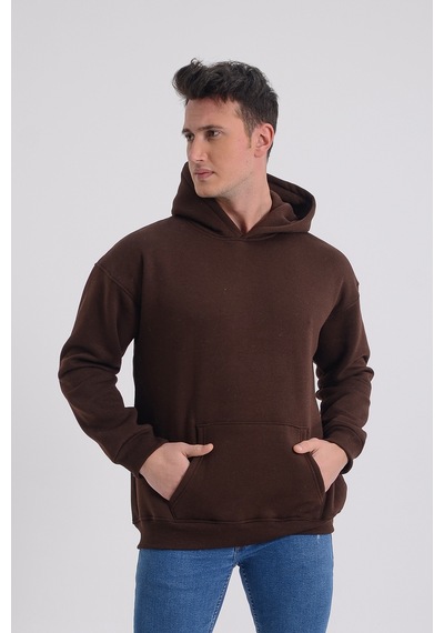 Unisex Kapüşonlu Oversize Düz Basic Kahverengi Sweatshirt
