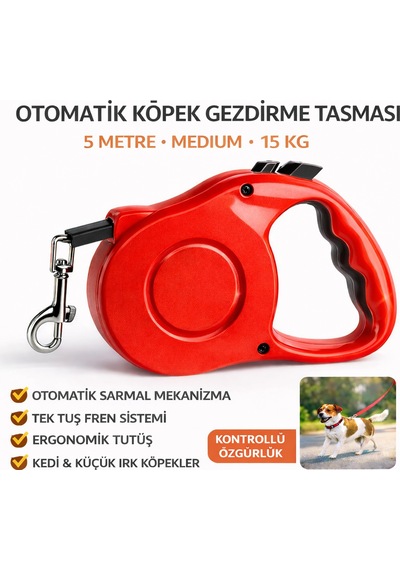 Karamel Otomatik Köpek Gezdirme Tasması Medium 5 Metre 15 Kg Kırmızı Çok Renkli