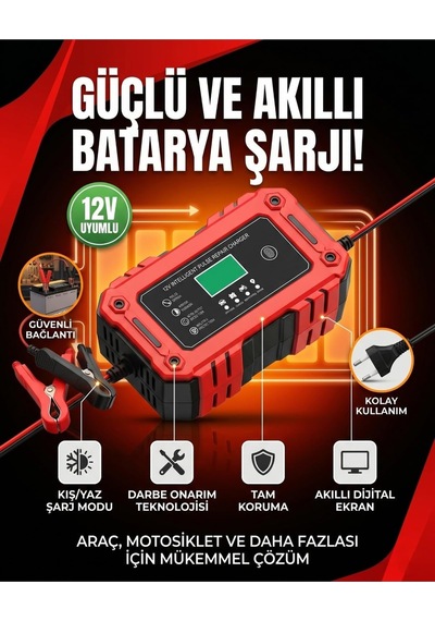 Tr 12v 6a Akıllı Darbeli Akü Şarj Cihazı, Lcd Ekranlı, Profesyonel Onarım Modlu, Araba Motosiklet Uyumlu