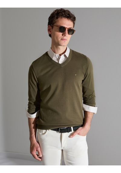 Pierre Cardin Koyu Haki Slim Fit V Yaka Basic Triko Kazak 50314190-vr111