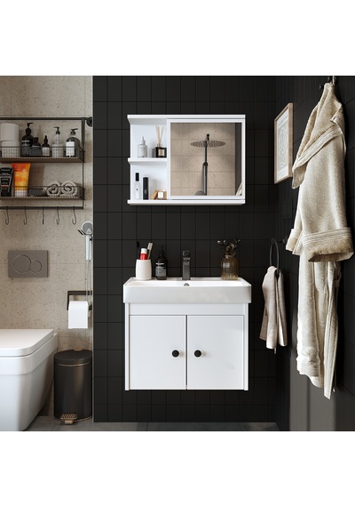 Lavabolu Mat Suntalam 60 Cm Banyo Dolabı + Aynalı Üst Dlp Beyaz Mat Beyaz Lavabolu Mat Suntalam 60 Cm Banyo Dolabı + Aynalı Üst Dlp Beyaz Mat Beyaz