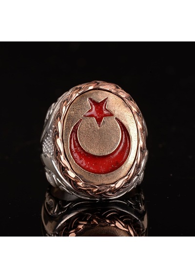 925 Ayar Gümüş Erkek Yüzük, Bronz Hilal Ve Yıldız İle Osmanlı Tarzı Türk Yüzük, Bronz Taş Tasarımı Gümüş