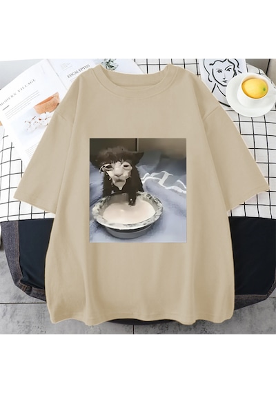 Flood Of Style Süt Yüz Kedi Meme Baskı T Shirt Garip Mizah Komik Kedi Grafik T-shirt Erkek Kadın Hip Hop Pam Bej