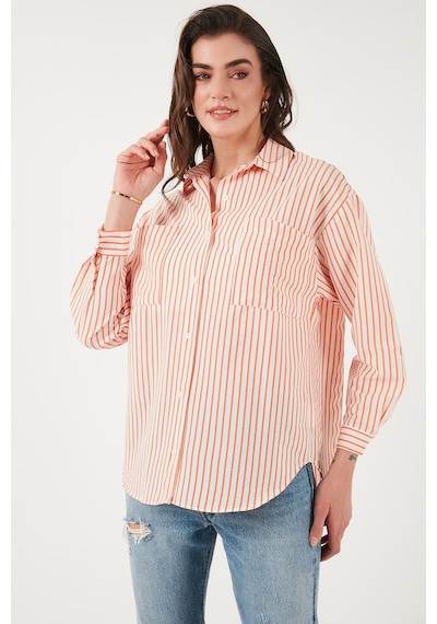 Lela Regular Fit Uzun Kollu Çizgili Bayan Gömlek 6772875 Oranj