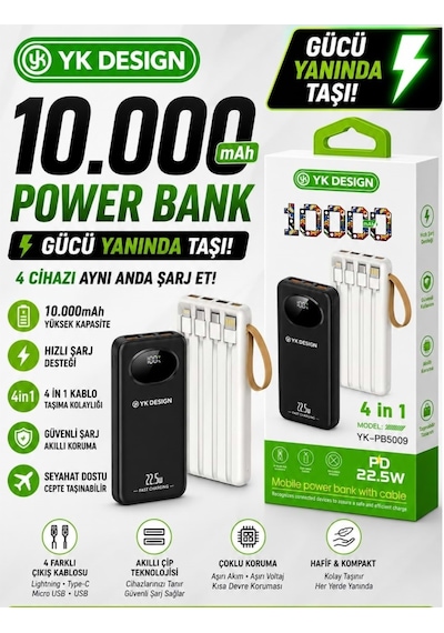Yk Desıgn Pb-5009 10.000 Mah 22.5w Kendinden Kalolu Powerbank Siyah