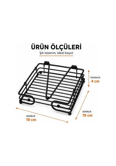 Tr Metal Kare Peçetelik Siyah Masa Üstü Peçete Organizeri, Yaylı Baskı Sistemli Peçete Tutucu, 19x19x4 Cm Modern Diğer