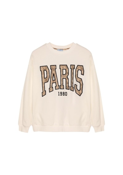 Ziley Quzu Paris Nakış Detaylı Sweatshirt Ekru Çok renkli