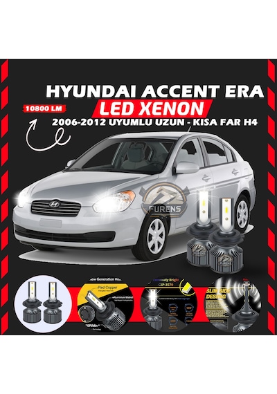 Hyundai Accent Era 2006-2012 Uzun-kısa Far Uyumlu Şimşek Etkili Led Xenon Premium Series H4