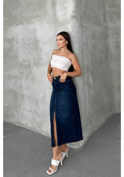 HLT Jeans Koyu Mavi Kadın Regular Fit Yüksek Bel Uzun Maxi Boy Denim Kot Etek Merry-4095 Koyu Mavi