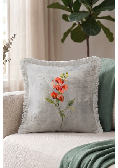 Vintage Çiçek Botanik Saçaklı Yastık Kılıfı - Nostaljik Floral Gri Krem Püsküllü Kırlent Kılıfı Gri