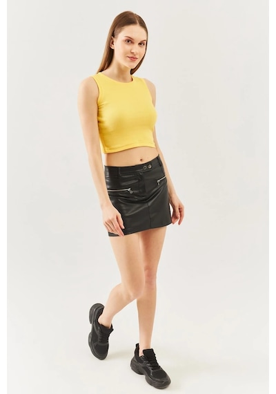Butikgiz Kadın Sıfır Kol Bisiklet Yaka Vücuda Oturan %100 Pamuklu Kaşkorse Esnek Crop Bluz Sari