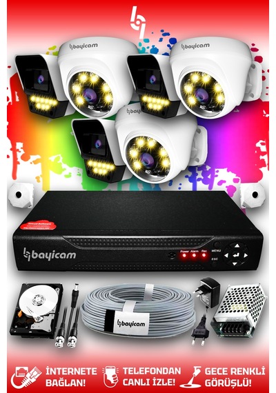 Bayicam 6 Kameralı Süper 3 İç Kamera Set 320 GB 5 MP 2K Renkli Gece Görüşlü Güvenlik Kamerası Sistemi