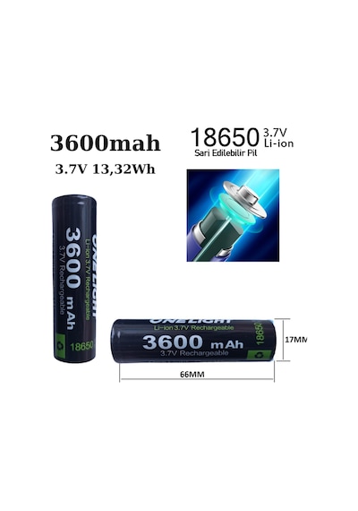 2adet 18650 Pil 3600 Mah 3,7v 13,32 Wh Şarjlı Lion Pil Kaliteli Tasarım Kalem Pil Değildir