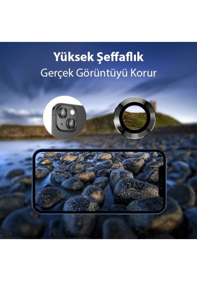 More TR ALLY Apple Uyumlu iPhone 14-14 Plus 3D Metal Çerçeveli Kamera Lens Koruyucu - siyah