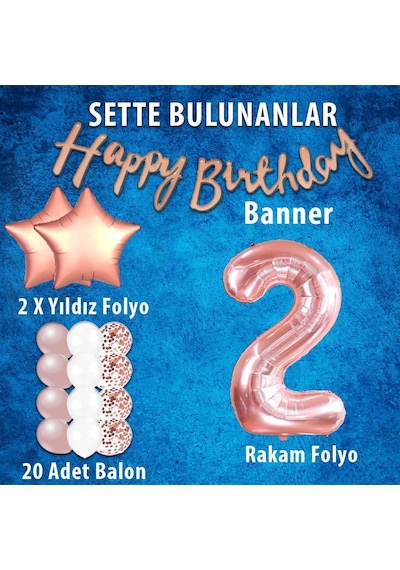 Rose Gold Konsept 2 Yaş Doğum Günü Kutlama Seti; Beyaz Gold Konfe
