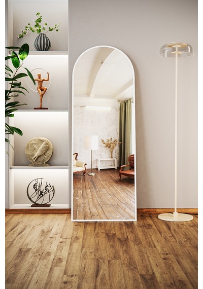Evdemo Pamir Beyaz Metal Çerçeveli Ayaklı Oval Boy Aynası 180x60 Cm Beyaz