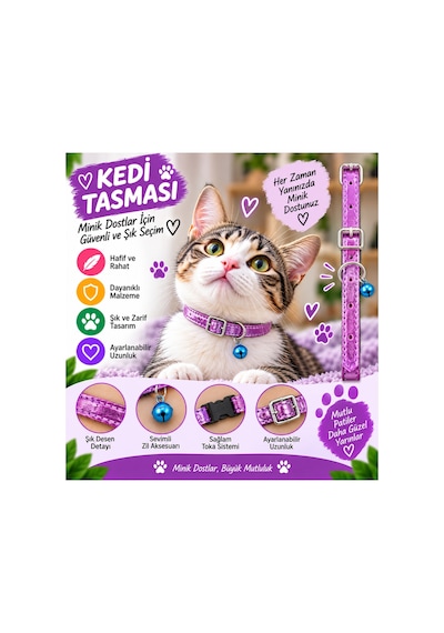 Kedi Tasması Mor Parlak Deri Mavi Zilli Ayarlanabilir Dikişli Kedi Boyun Tasması