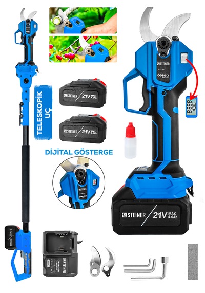 Steiner 30 Mm Dijital Kömürsüz Akülü Bağ Dal Ağaç Kesme Biçme Budama Şarjlı Makası Makinesi + Teleskop M4484