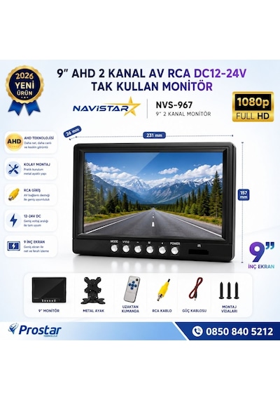 9 İnç Şapkalı 2 Kanal Ahd Rca Sarı Soketli Araç Monitörü 1080p 720p Analog Destekli Dc 12-24v