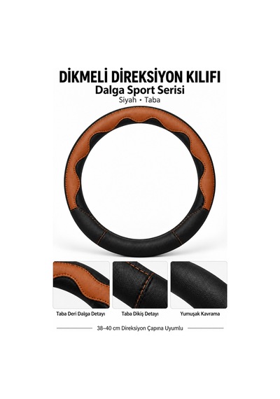 Trobus Hyundai Santa Fe 2024-2025 Uyumlu Dikmeli Direksiyon Kılıfı Dalga Sport Deri Siyah Taba Taba - Siyah