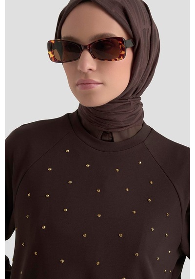Armine Trend Önü Taş İşlemeli Tunik Kahverengi 25kt449