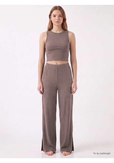 Cottonill Premium - Serene Collection Vizon Rib Dokulu Önden Bağlamalı Viskon 3'lü Kadın Pijama Takımı