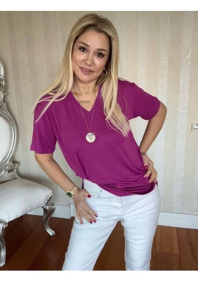 Kadın Kısa Kollu V Yaka Bluz Fuşya