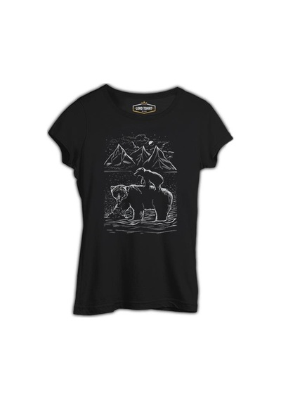 Baby And Parent Bear İn The Lake Siyah Kadın Tshirt 001