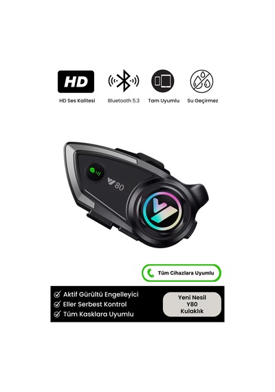 Y80 Yeni Nesil Motosiklet Kask Interkom Mikrofonlu Gürültü Engelleyici Işıklı 5.3 Bluetooth Kulaklık