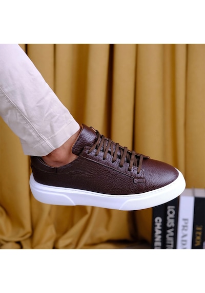 Twingold Kişiselleştirilebilir Kalın Ortopedik Tabanlı %100 Deri Sneaker Spor Ayakkabı - Kahverengi Kahverengi
