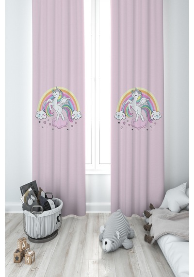 Mekta Home Bebek Ve Çocuk Odası Gökuşağı Ve Unicorn Desenli Pembe 2 Kanat Fon Perde