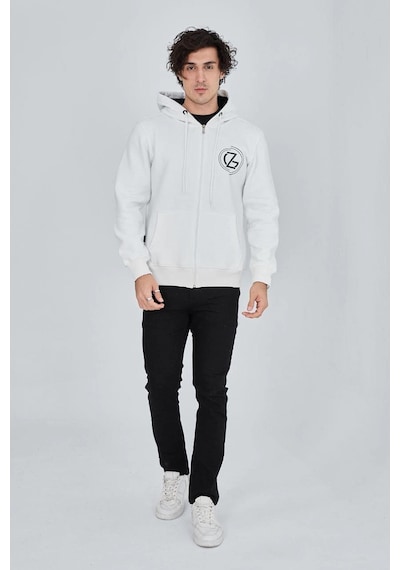 Erkek 3 İplik Pamuklu Fermuarlı Kapüşonlu Kanguru Cepli Baskılı Hoodie Hırka Sweatshirt - Beyaz