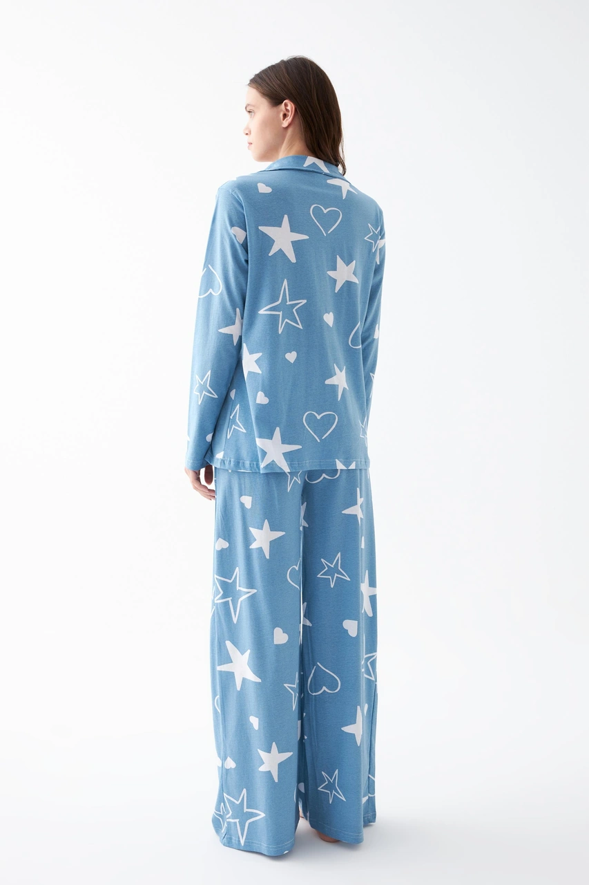 Akbeniz Kadın Mavi Yıldız Desenli Düğmeli Pamuklu Pijama Takımı Mavi