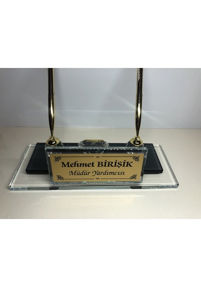 Cam Masa İsimliği Çift Kalem Saat