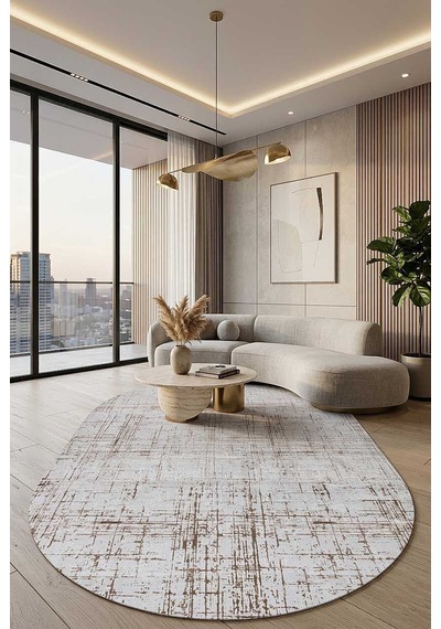 Parlak Saten Dokulu Poem Bambu Tuşe Modern Trend Oval Halı Pm07 Bej Vizon