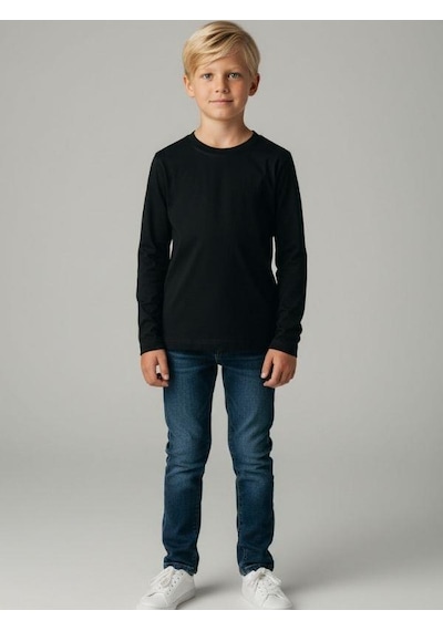 Zekids Erkek Çocuk Pamuklu Bisiklet Yaka Uzun Kollu Basic T-shirt-16775 SIYAH