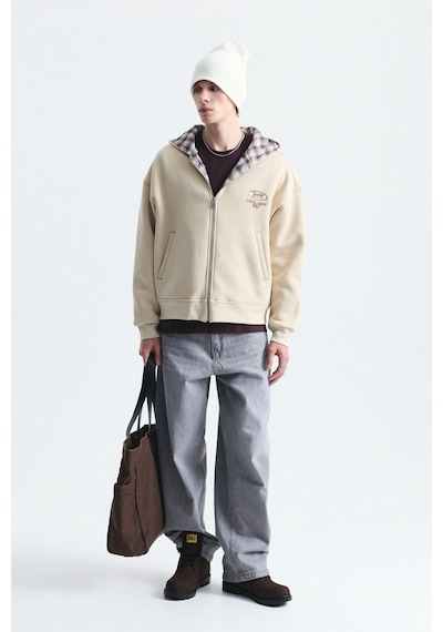 Vamos Boxy Fit Fermuarlı Kapüşonlu Sweatshirt V70-245 Bej
