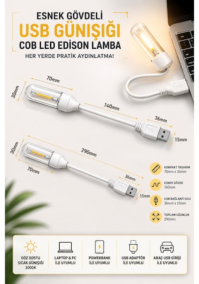 Usb Led Kitap Okuma Lambası Esnek Usb Masa Lambası Laptop Powerbank Uyumlu Günışığı Hafif Lamba Beyaz