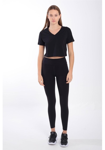 Maraton Sportswear Regular Kadın V Yaka Kısa Kol Basic Siyah Crop Top 21236 SIYAH