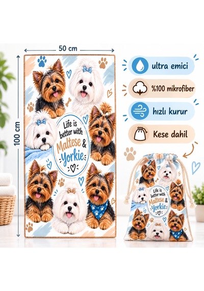 Kedi & Köpek Kurulama Havluları Maltese & Yorkie Hızlı Kuruyan 50x100cm